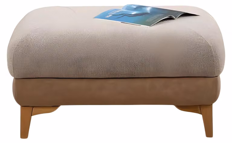 Moderner Beiger Stoffhocker mit Holzstruktur und praktischem