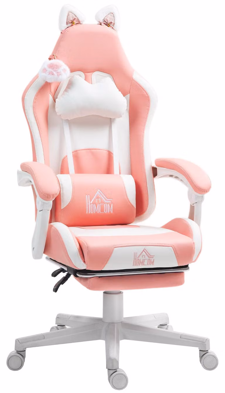 Sedia da gaming con orecchie da gatto – Sedia ergonomica per videogiochi con poggiapiedi e schienale regolabile – Rosa e bianca