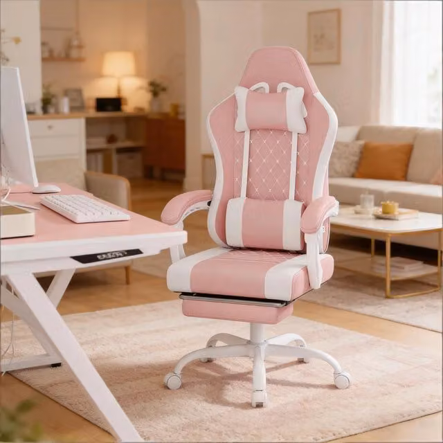 Sedia da ufficio ergonomica girevole REDOM con massaggio e poggiatesta, tessuto mesh, Rosa/Bianco, L/P/H: 70 x 70 x 127 cm