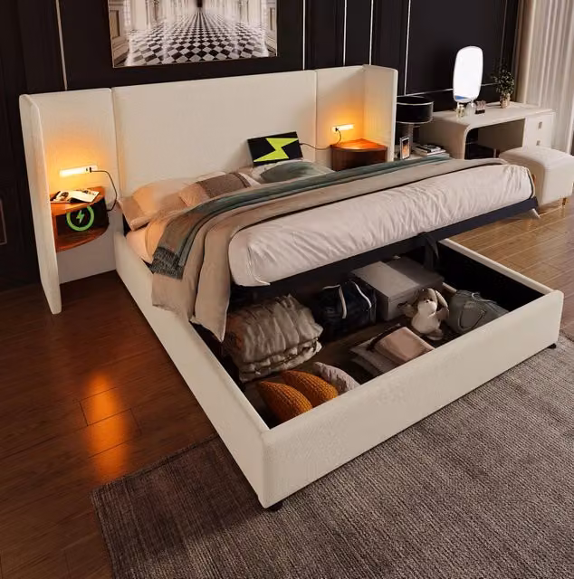 Letto matrimoniale contenitore 160x200 cm con lampada; USB-C e mensole; lino beige