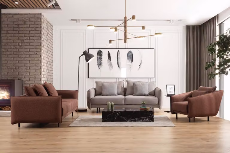 Sessel 3+3+1 Sitzer Luxus Sofa braun Sofagarnitur Sofas Stoff Design