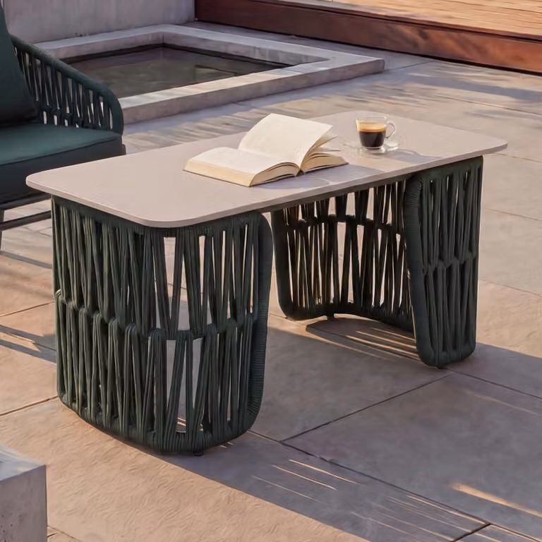 Tavolino da salotto MCW-P90, tavolo da giardino, tavolo da balcone, outdoor, intreccio in corda Rope Sinterstein 43x90x45cm ~ verde, piano crema