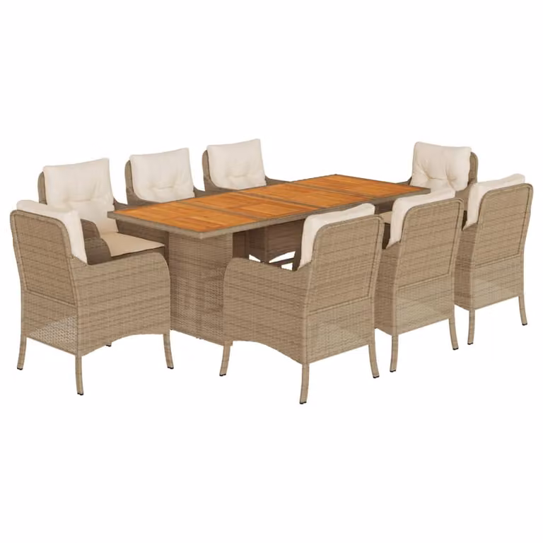 Set da Pranzo da Giardino 9 pz con Cuscini Beige in Polyrattan