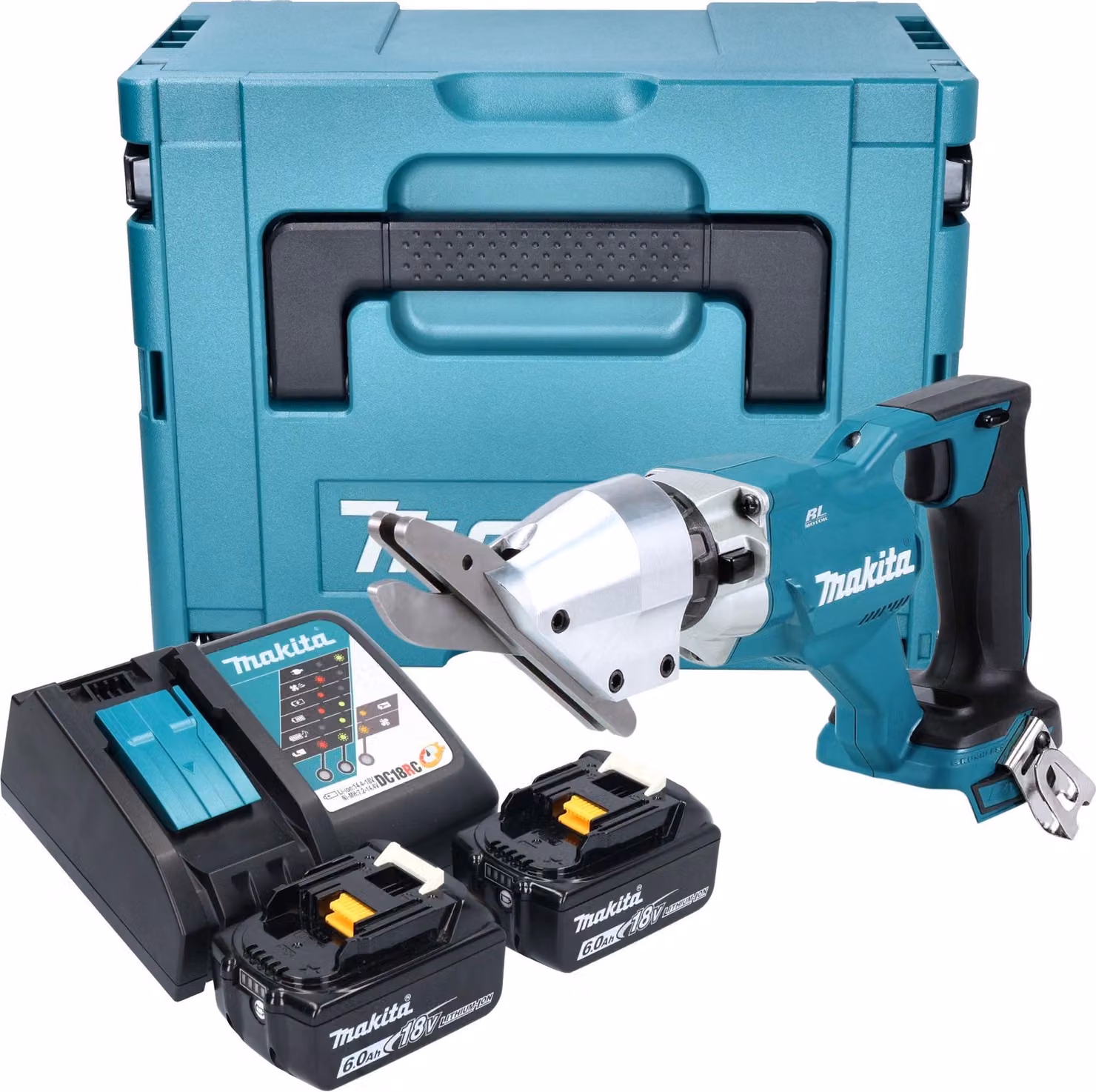 Makita DJS 800 RGJ Cesoie per fibrocemento a batteria 18 V Brushless + 2x batteria 6,0 Ah + caricabatteria + Makpac
