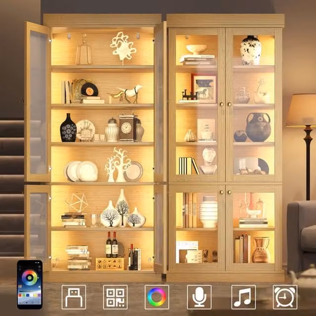 Armadio moderno WISHDOR con ante in vetro e illuminazione LED integrata, colore marrone, L: 160 cm, P: 40 cm, H: 180 cm