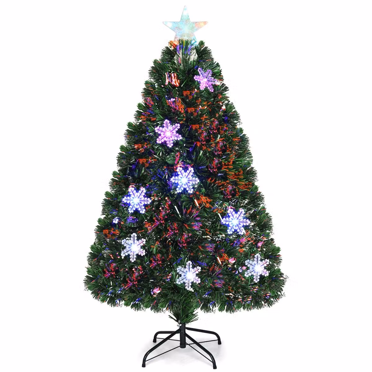 COSTWAY Albero di Natale artificiale a LED da 120 cm con cambiacolori a fibre ottiche e cima a stella, albero di Natale 125 aghi in PVC, albero di Natale ideale per casa, ufficio, negozi e hotel, verde