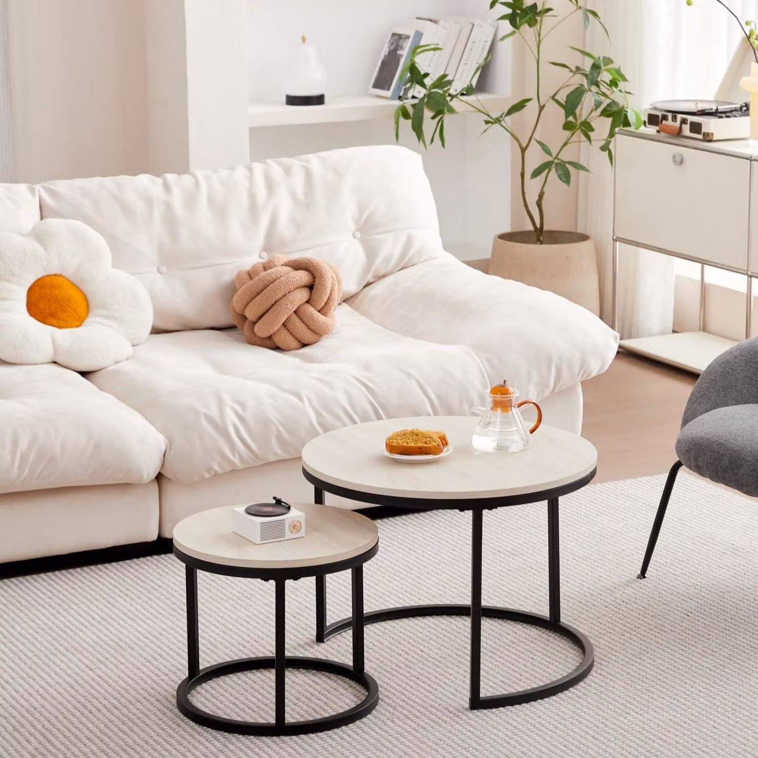 Set di tavolini componibili, 2 pezzi, forma rotonda, impilabili, colore bianco e nero, dimensioni 60x60x45 cm