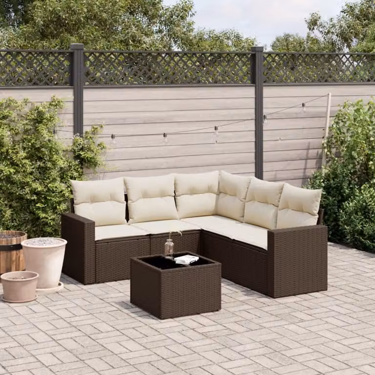 vidaXL Set Divano da Giardino a L 6 pz con Tavolino e Cuscini Marrone e Bianco