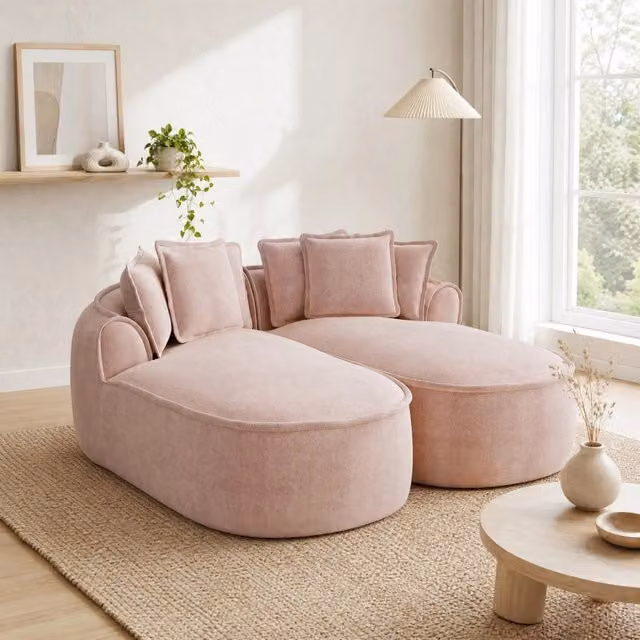 Divano modulare senza struttura in ciniglia rosa con 2 moduli e funzione letto