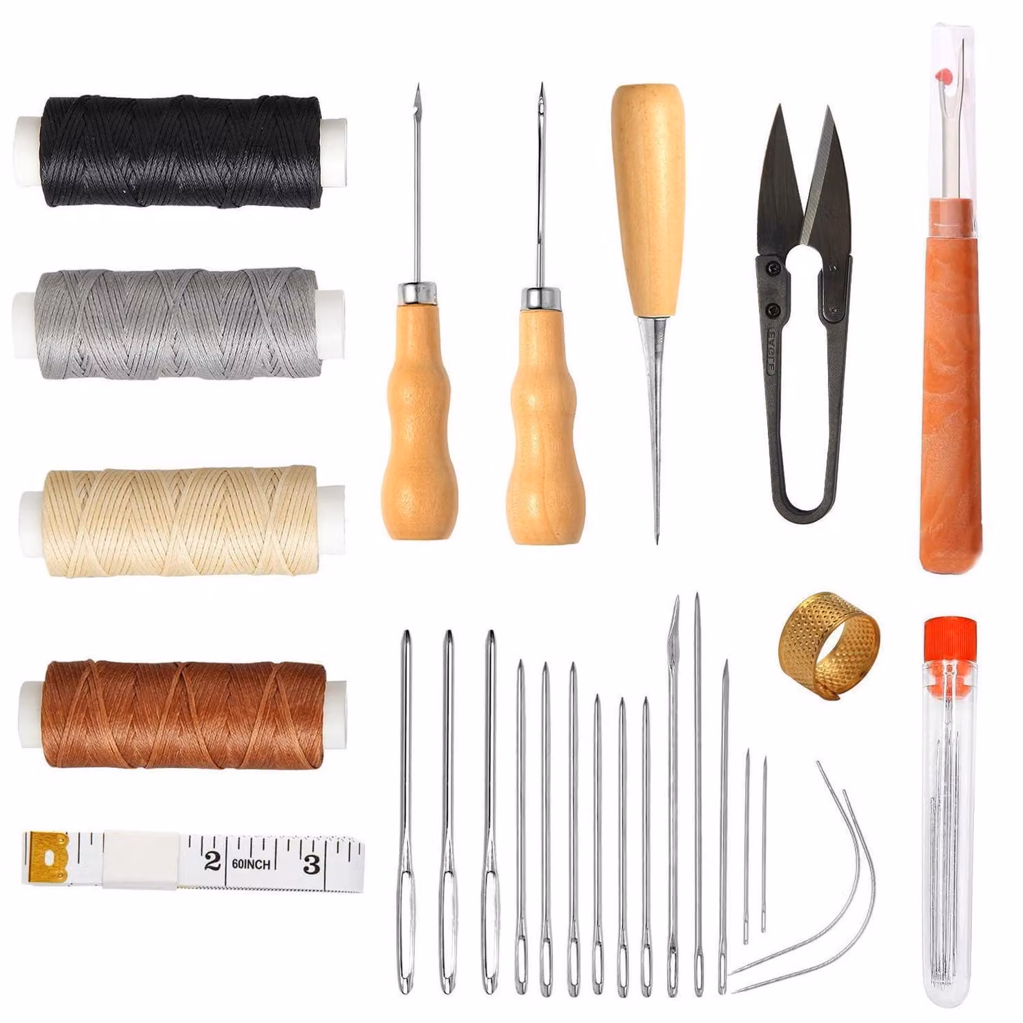 Kit di cucito per pelle con 4 bobine di filo e strumenti in metallo – Kit di riparazione per articoli in pelle, scarpe, borse