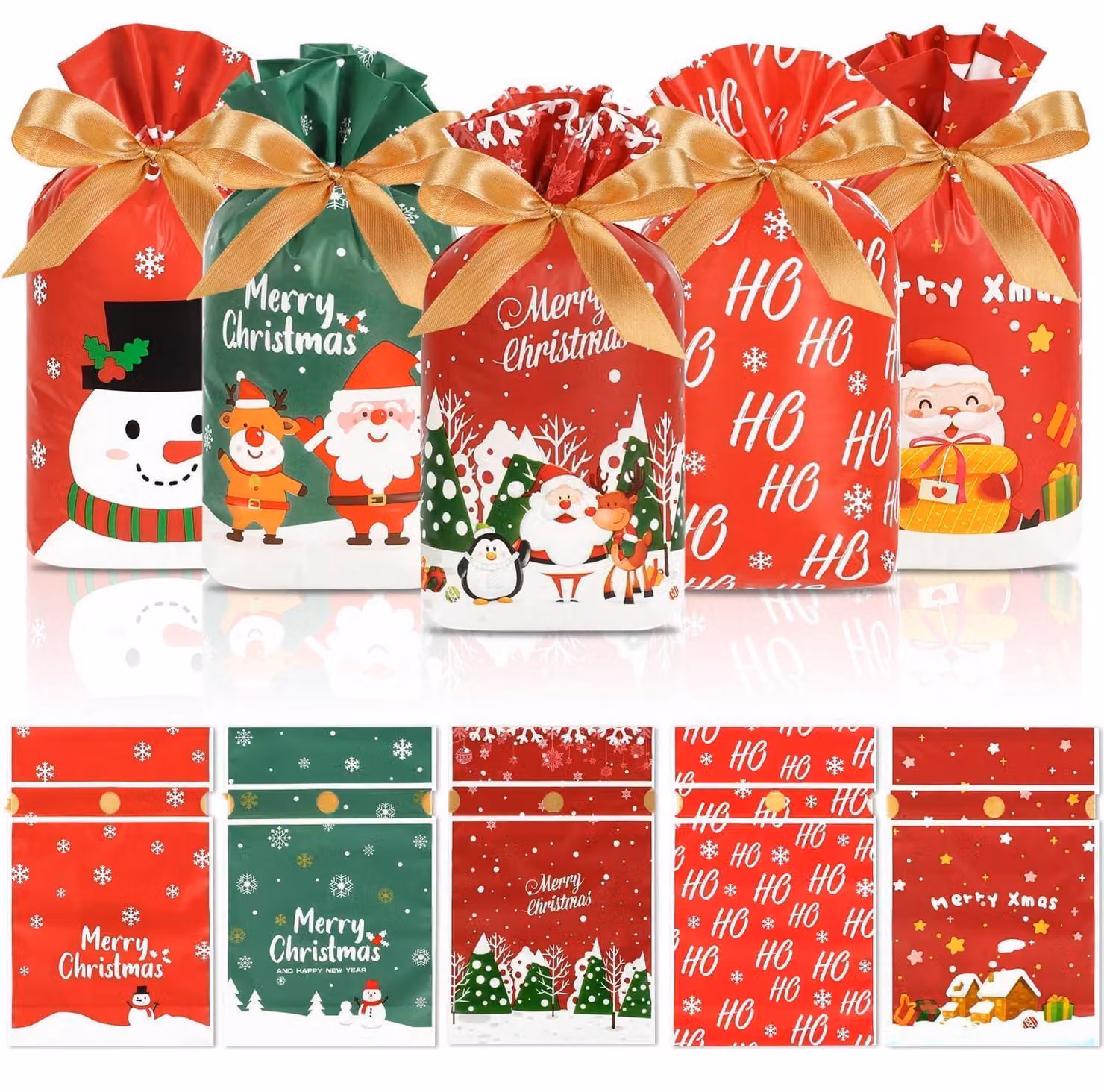 Sacchetti per dolcetti, 50 pezzi, in plastica, con cordoncino, dimensioni 15 x 23 cm, adatti per feste natalizie, assortiti