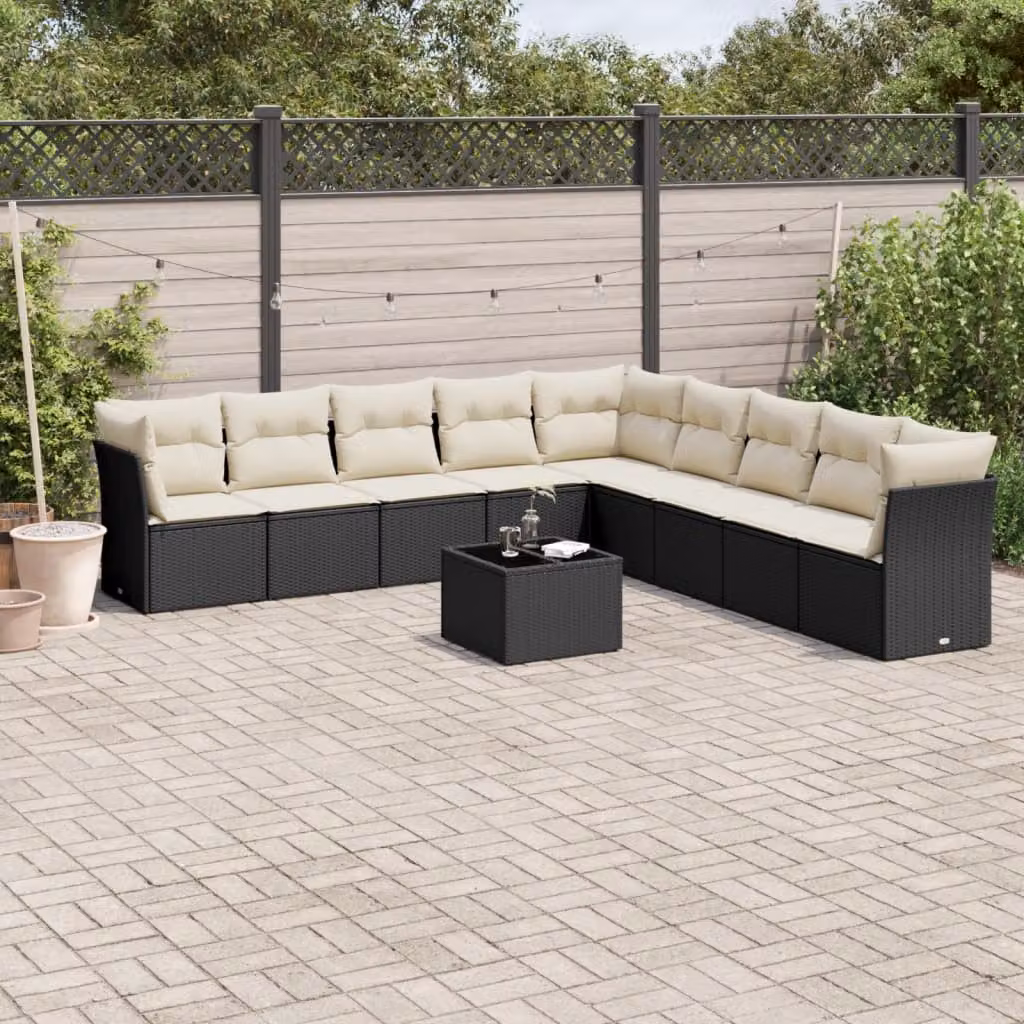 vidaXL Set Divani da Giardino a L con Tavolino in Polyrattan e Cuscini, Nero – 1