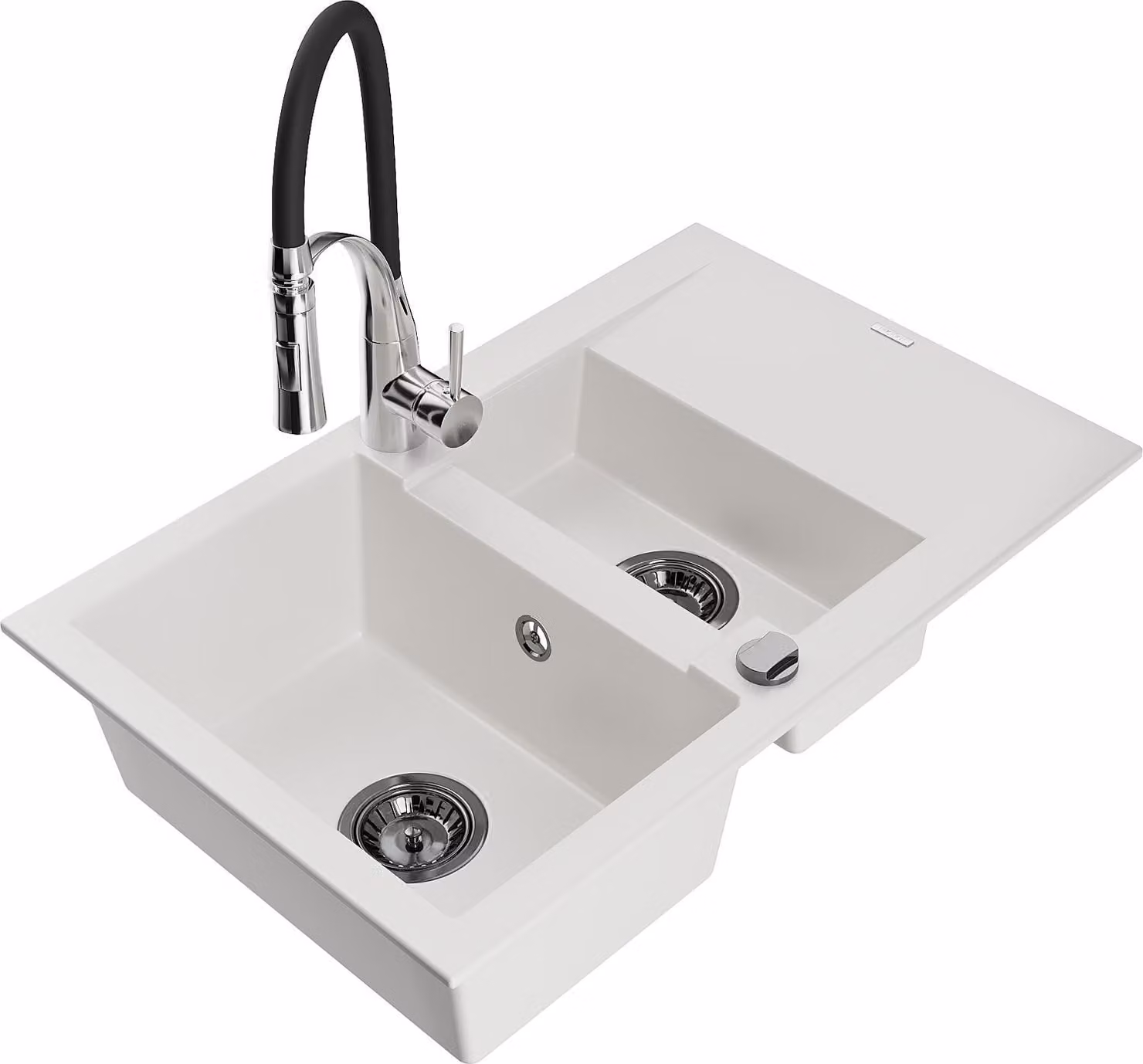 Mexen Gaspar lavello in granito 1,5 vasche con sgocciolatoio e rubinetto da cucina Aster, bianco - 6507-20-73450-07-B