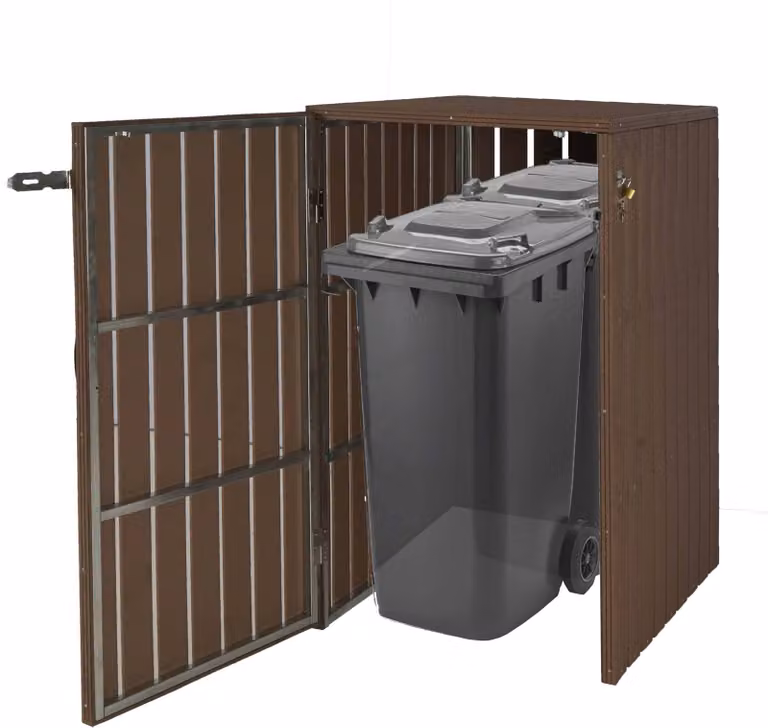 Rivestimento per bidoni della spazzatura in WPC XL (1 o 2 bidoni) MCW-J28, box per bidoni della spazzatura, metallo effetto legno, espandibile ~ marrone