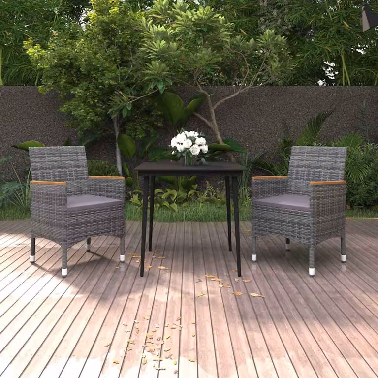 Set da pranzo per giardino vidaXL in polyrattan con tavolo in vetro e cuscini, 3 pezzi, grigio e nero