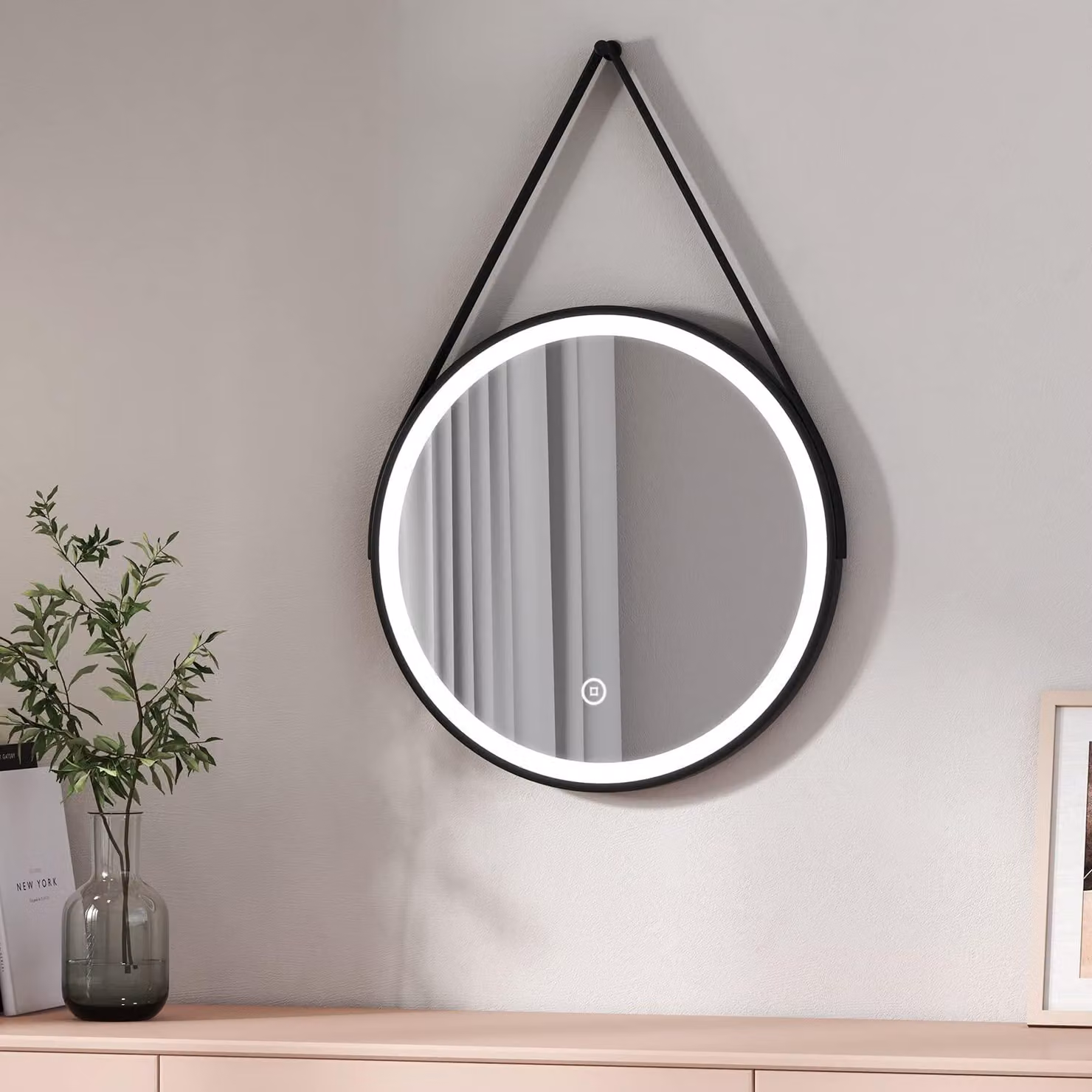 Specchio da bagno a LED, forma circolare, diametro 50 cm, interruttore touch, temperatura di colore 6500 K, colore nero