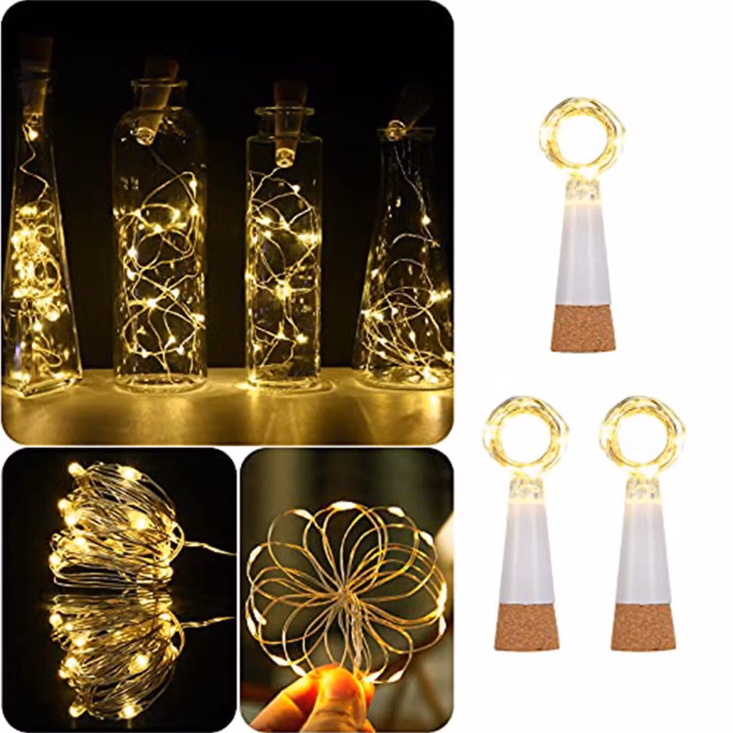 Set di 3 luci a LED a forma di sughero, ricaricabili tramite USB, con 15 LED, lunghezza 150 cm, luce bianco caldo