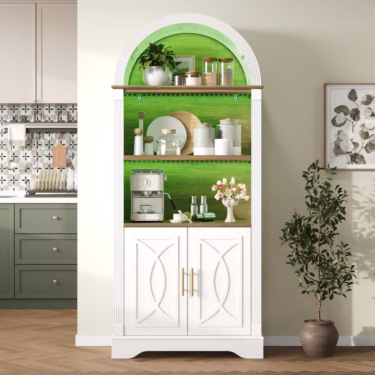 Armadio da cucina Flieks con ripiani regolabili e illuminazione a LED, mobile contenitore alto con ampio spazio di stoccaggio, mobili alti per sala da pranzo e soggiorno, colore bianco