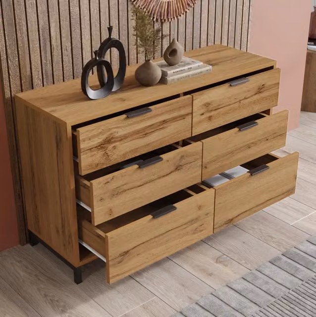 Comò con 6 cassetti 120x40x76 cm in rovere scuro e metallo