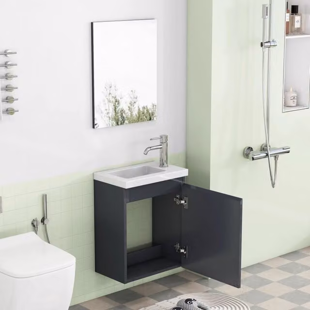 Mobile bagno sospeso grigio lucido con lavabo in ceramica e specchio