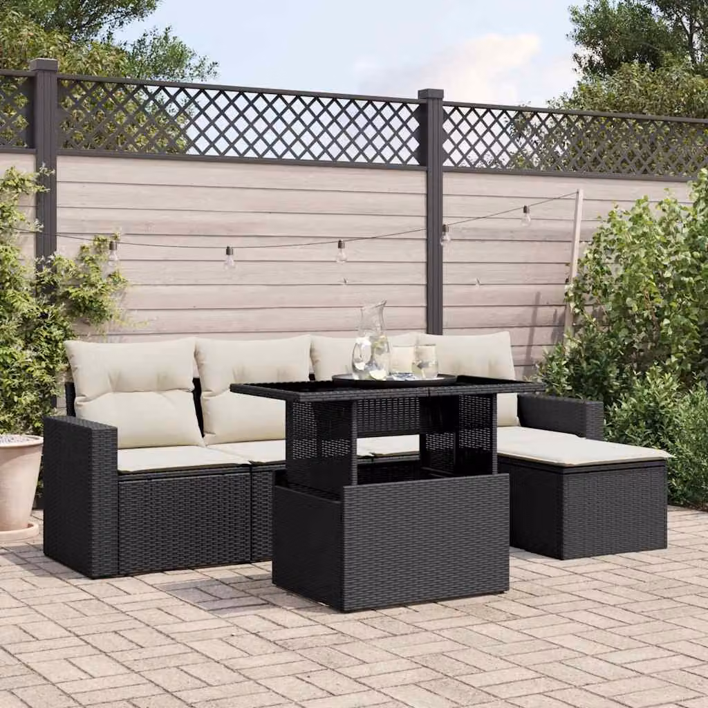 Set Divano da Giardino a L vidaXL 6 pz in Polyrattan Nero con Cuscini e Tavolino – 1