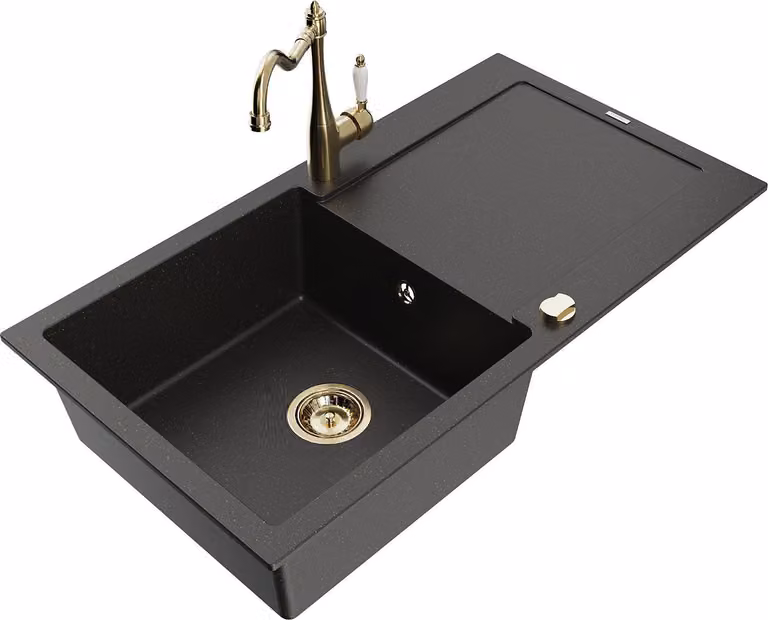 Mexen Leo lavello in granito 1-vasca con scolapiatti e rubinetto da cucina Carla, nero/oro metallizzato - 6501-75-670700-50