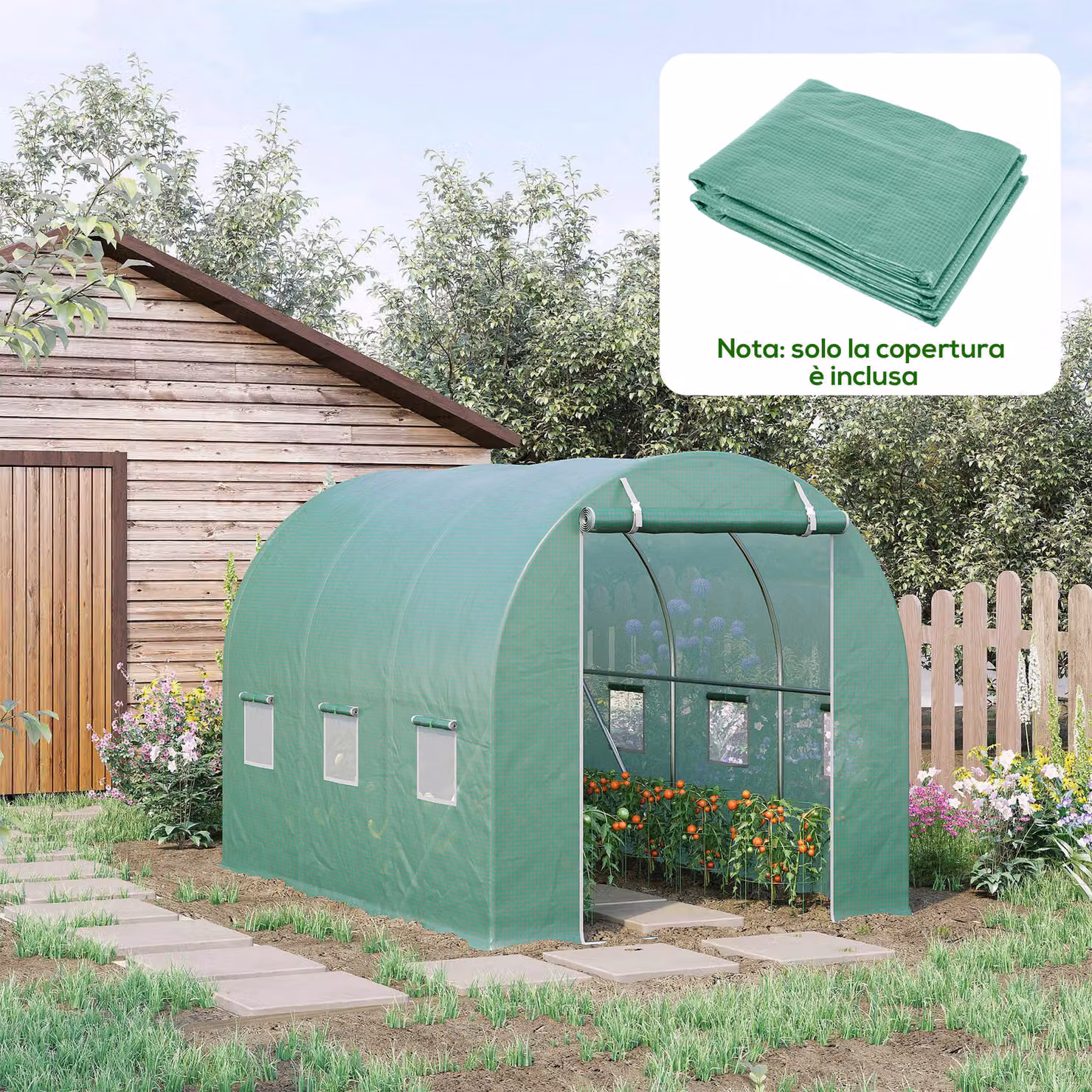 Outsunny Telo per Serra in PE Verde con 6 Finestre e Porta Avvolgibile, L: 300 cm, P: 200 cm, H: 200 cm – 2