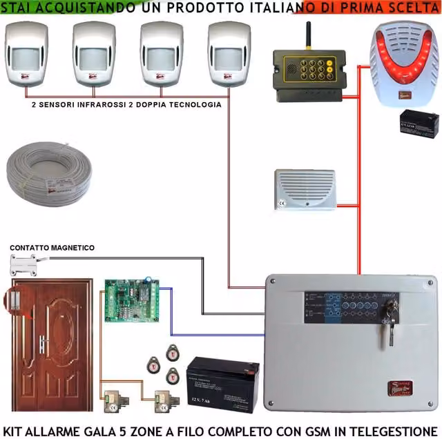 Kit Impianto Antifurto Securvera Gala 5 Zone con 2 Infrarossi, 2 Contatti Magnetici, Sirena Interna ed Esterna Lampeggiante, Telegestione GSM e Chiave Elettronica Proxi, Colore Bianco