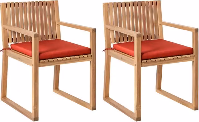 Set di 2 sedie da pranzo da giardino per esterni in legno d'acacia con cuscini rosso resistente agli agenti atmosferici dal design classico