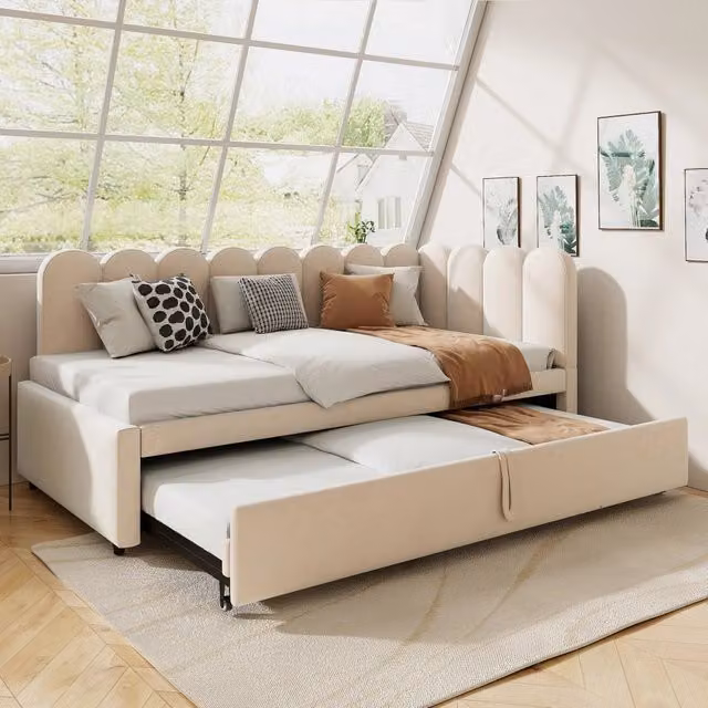 Divano letto MIVRAY in velluto beige con letto estraibile a L, trasformabile da 90 x 200 cm a 180 x 200 cm