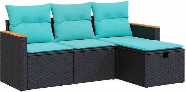 Set Divani da Giardino 4 pz | Set Salotto da Giardino con Cuscini Nero in Polyrattan