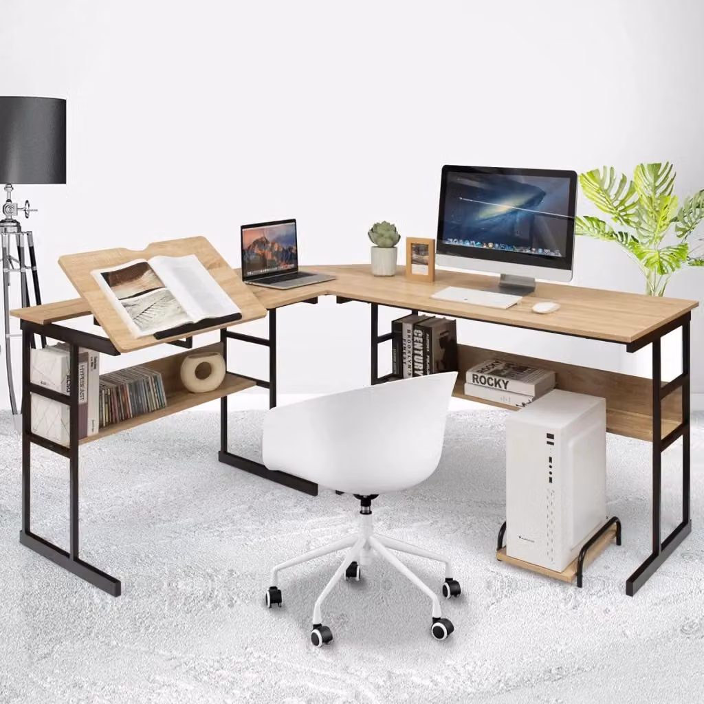 Scrivania Angolare a Forma di L COSTWAY con Piano Inclinabile e Supporto CPU, Colore Marrone – 2