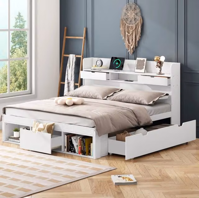 Letto matrimoniale 140x190 cm con USB; contenitore e cassetti; bianco in legno di pino