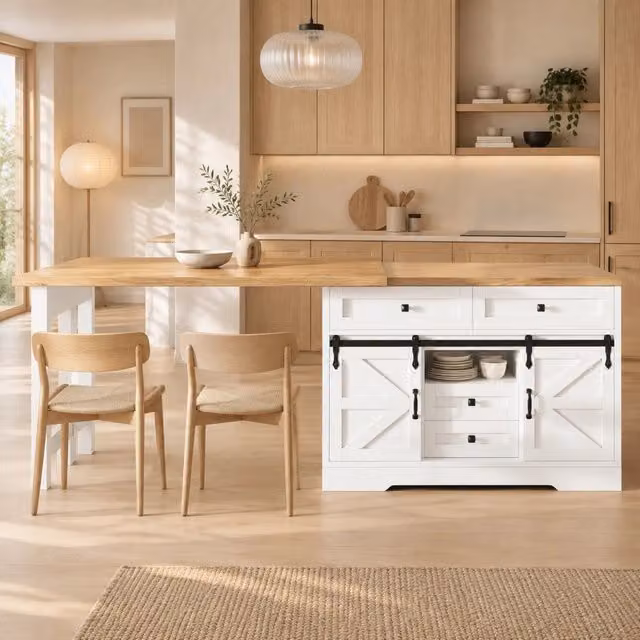 Isola cucina multifunzione con tavolo estraibile, armadio laterale con cassetti nascosti, pannelli girevoli a 360°, anta scorrevole stile fienile, MDF effetto quercia