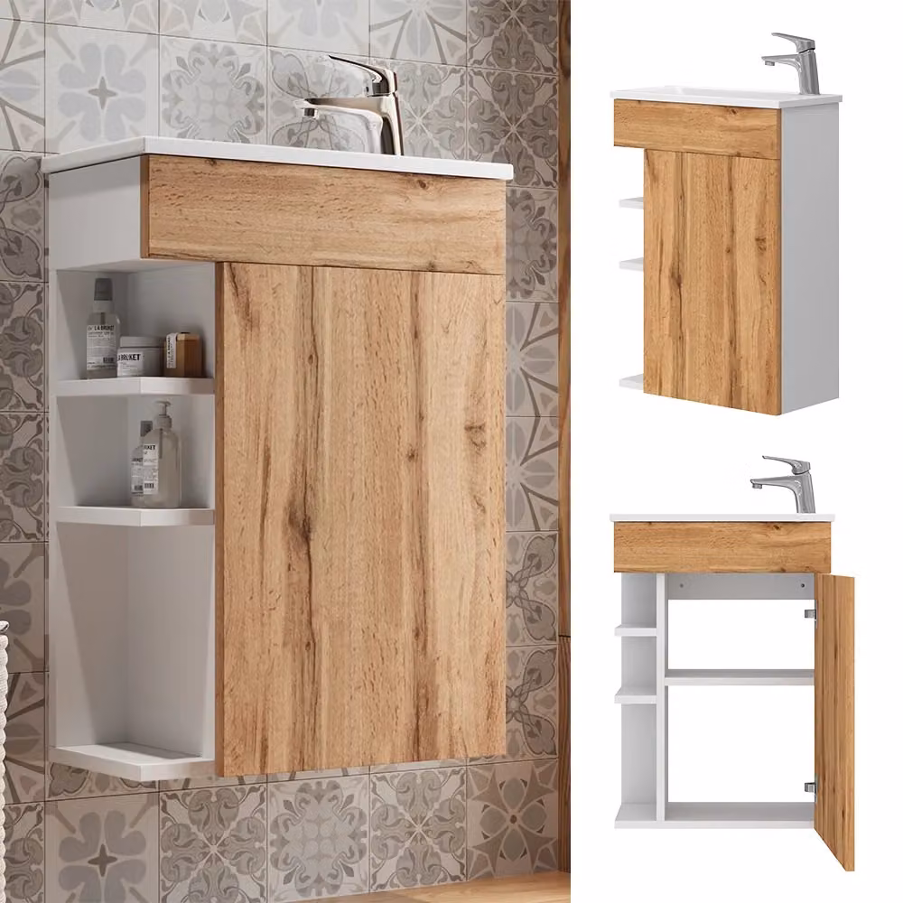 Set mobili bagno Amadeo Vicco in rovere e oro, composto da 2 pezzi con lavabo in ceramica, design moderno e sospeso – 2