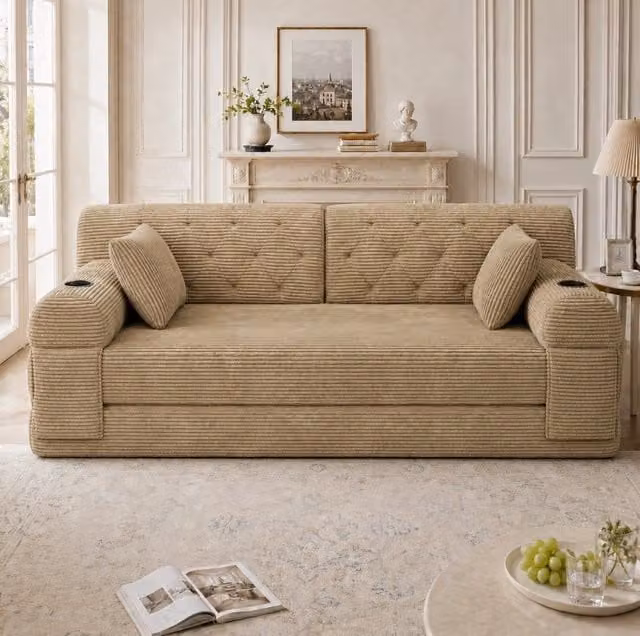 Divano letto 2 posti 168x80 cm kaki in velluto a coste; con portabevande