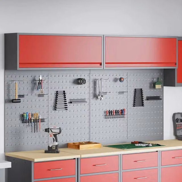 Set di 6 armadi per attrezzi con scaffale vidaXL in acciaio, rosso e grigio, montabili a parete