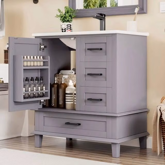 Mobile bagno con lavabo - Xylo - 76x46x83,5cm - Grigio - Laccato completo, ripiano porta, tre cassetti silenziosi, vaso ceramico integrato
