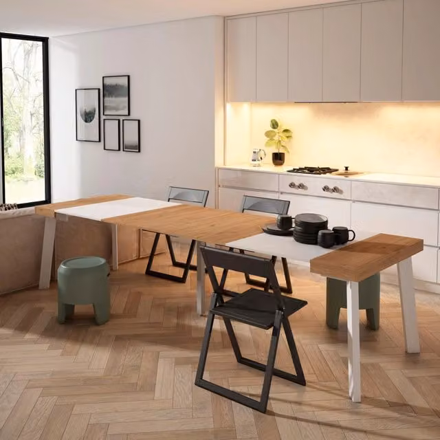 Consolle allungabile, 302x90x73cm, Per 14 persone, Gambe in legno, colore Rovere e bianco RF3107