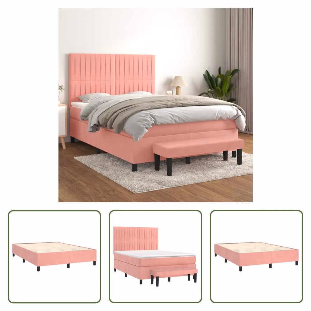 The Living Store Letto a molle con materasso Rosa 140x190 cm Velluto