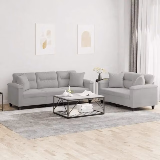 Set di 2 divani vidaXL in tessuto microfibra grigio con cuscini decorativi per soggiorno in stile moderno