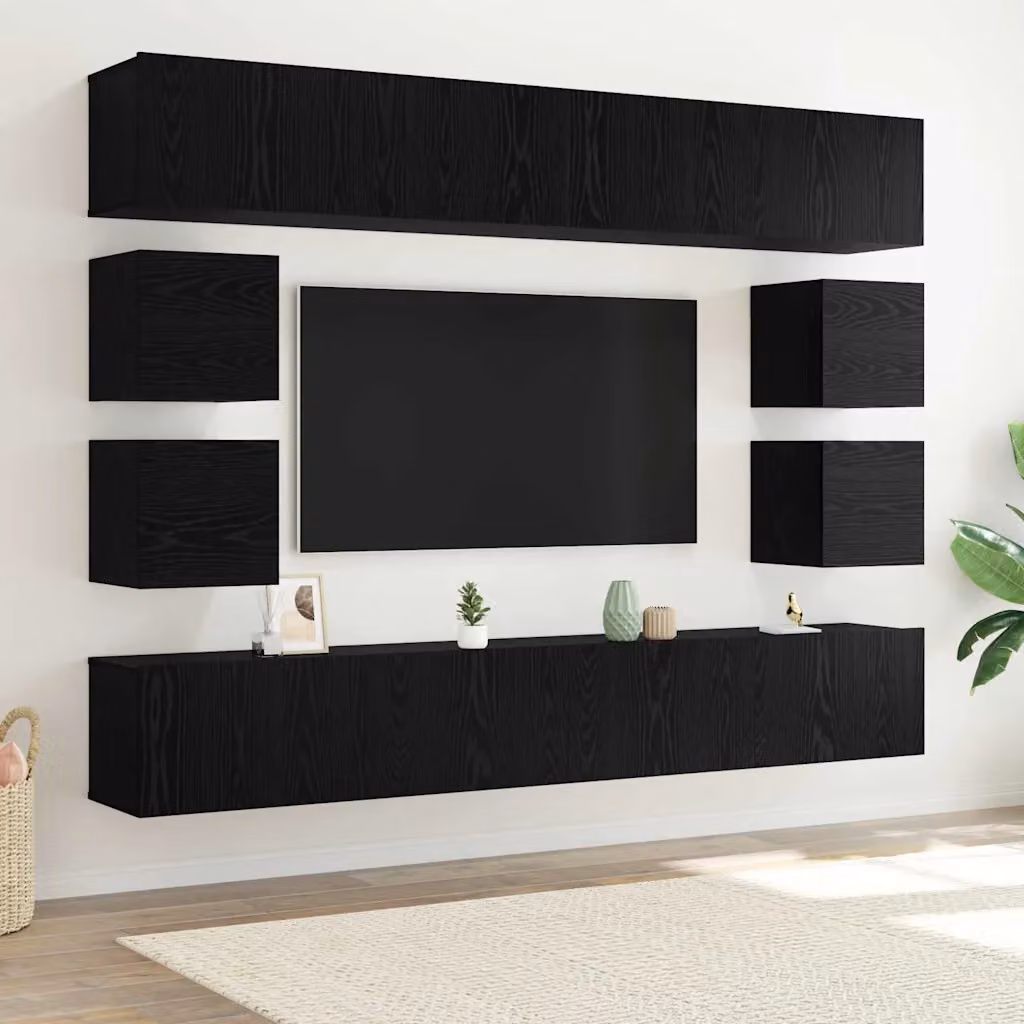 Set mobile TV moderno vidaXL in legno ingegnerizzato Rovere e Nero, 8 pezzi, L: 80 cm, P: 30 cm, H: 30 cm
