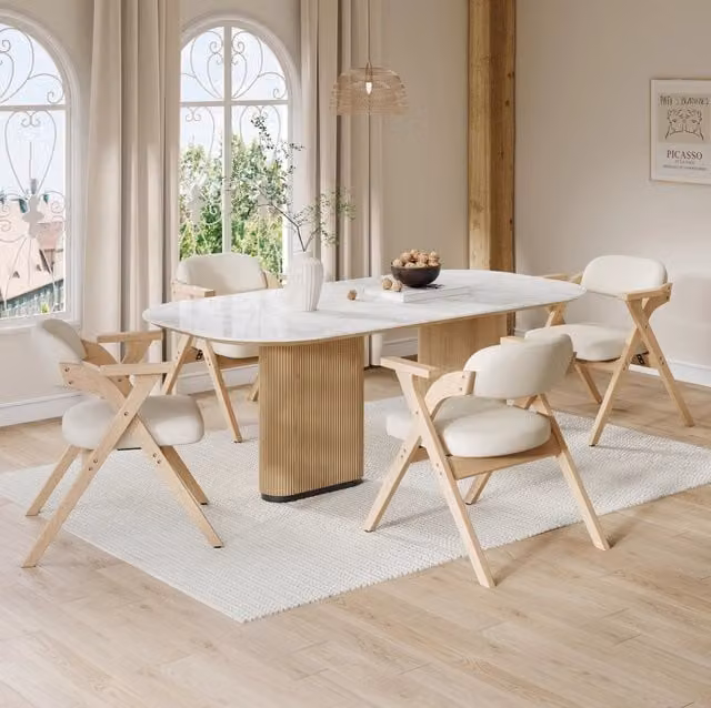 Set di 4 sedie da pranzo pieghevoli con braccioli in legno massello e lino; beige