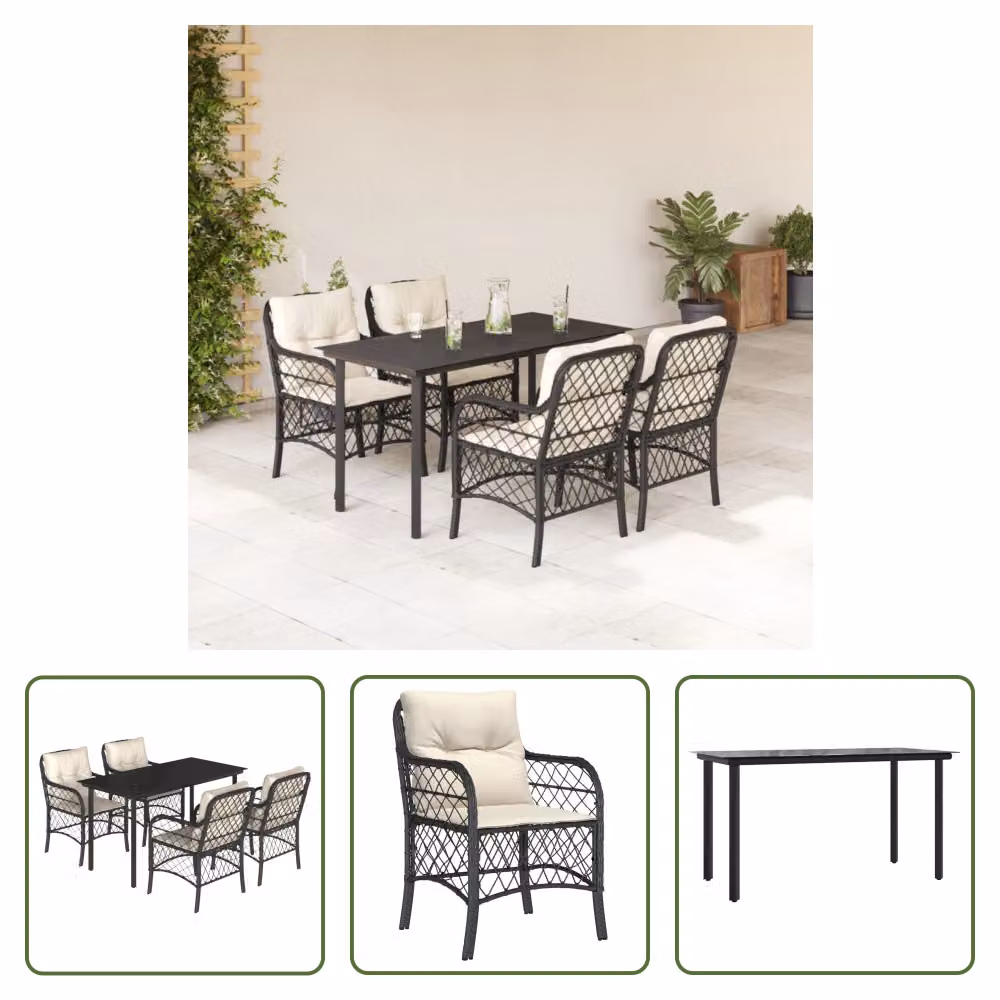 The Living Store Set da pranzo da giardino 5 pezzi con cuscini in poly rattan nero