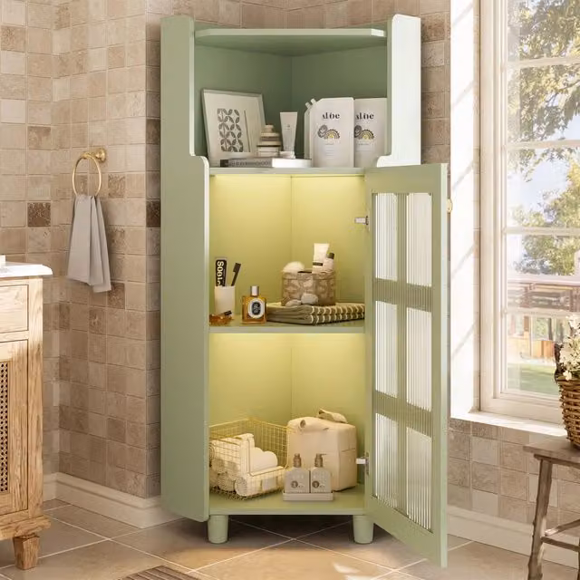 Mobile angolare verde in MDF con ante in vetro; LED a 10 colori e controllo tramite app