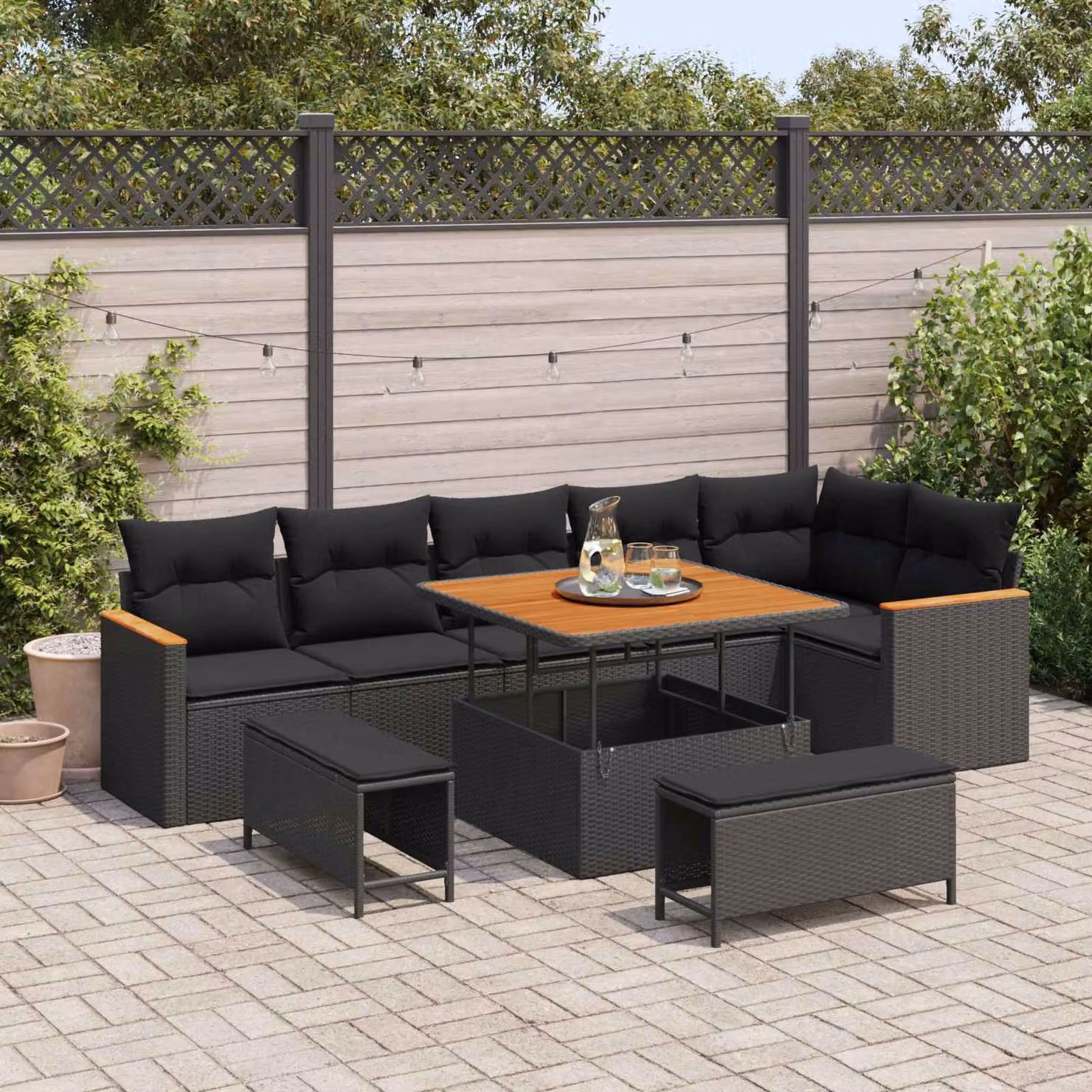 Set Divano da Giardino vidaXL in Poly Rattan Nero con 9 Pezzi e Cuscini Inclusi – 1