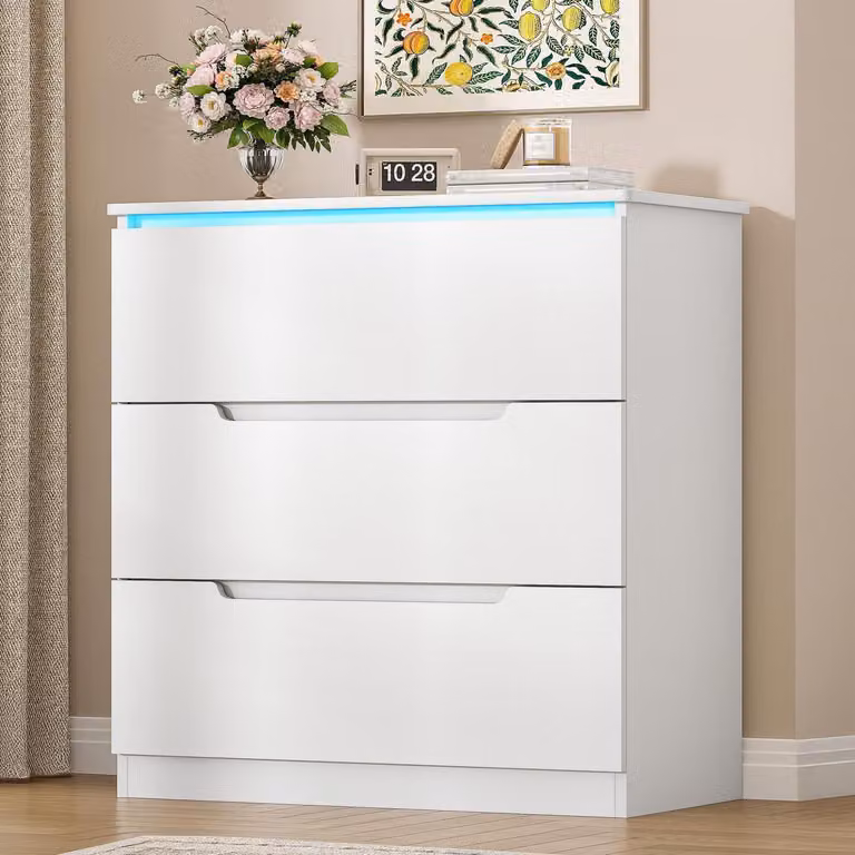 Comodino con 3 cassetti e illuminazione a LED, dimensioni 40 x 70 x 80 cm, colore bianco