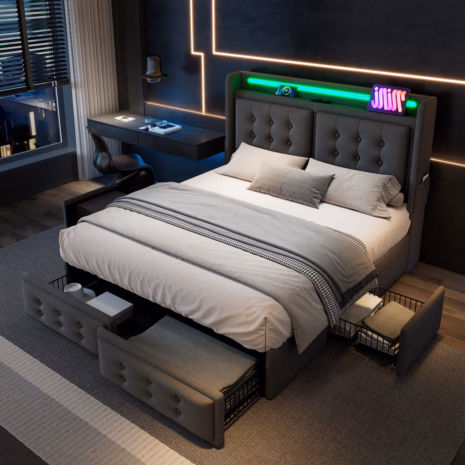 Letto imbottito STILVORA 140x200cm con connessione di ricarica USB e illuminazione LED, letto contenitore con 4 cassetti e rete a doghe, grigio (senza materasso)