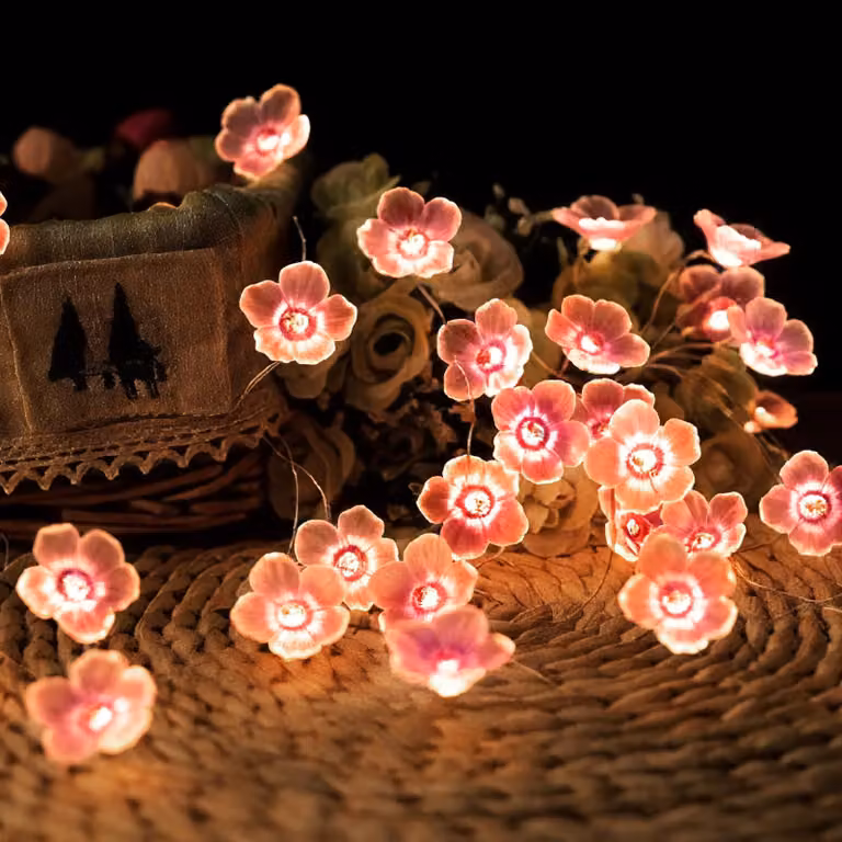 Catena luminosa a forma di fiori di ciliegio, 2 metri, 20 LED, alimentata a batteria, rosa