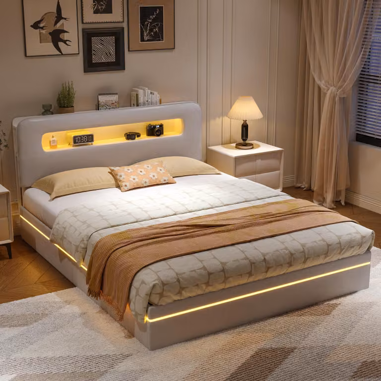 Letto imbottito ProximaX con illuminazione a LED 140x200 cm in velluto beige - letto con contenitore idraulico, testata con ripiano e LED integrati su testata e pediera, design moderno e alto livello di comfort